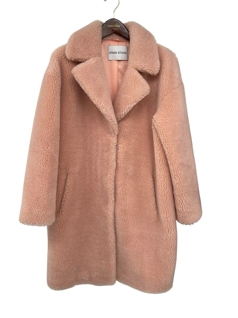 Stand Studio Camille Cocoon Coat Faux Fur Peach Pink Teddy Size 40 US Large